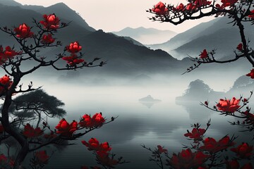 Far East View: Red Flowers, Misty Mountains, and Traditional Japanese Art as Desktop Background: Generative AI