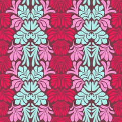 Pink blue abstract background with tropical palm leaves in Matisse style. Vector seamless pattern with Scandinavian cut out elements.