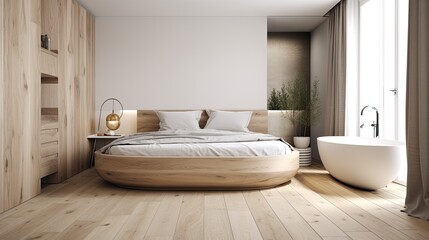 Luxurious Comfort in a Modern Minimalist Bedroom: Japandi Interior Design with White and Beige Tones: Generative AI