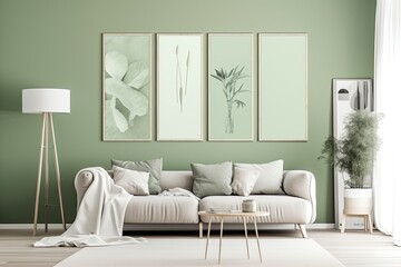 Modern and Elegant Home Decor: Light Sage Green Wall with Six Artistic, Stylish Paintings - Mockup: Generative AI