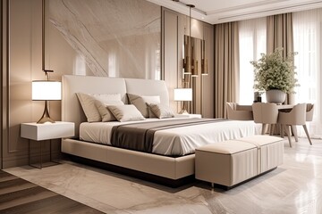 Luxurious Modern Home Design: Large Bedroom with Marble Slabs, Bed and Delicate Beige Colors: Generative AI