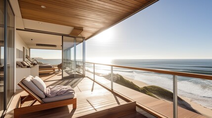 Serene Sea View from Airy Beach House's Wraparound Deck: Indoor Design & Open Windows Offer Unforgettable Panorama. Generative AI