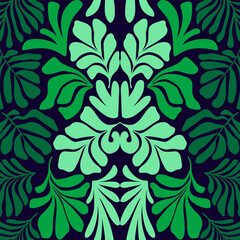 Green gradient abstract background with tropical palm leaves in Matisse style. Vector seamless pattern with Scandinavian cut out elements.