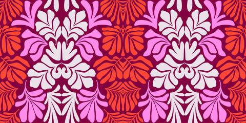 Red pink abstract background with tropical palm leaves in Matisse style. Vector seamless pattern with Scandinavian cut out elements.