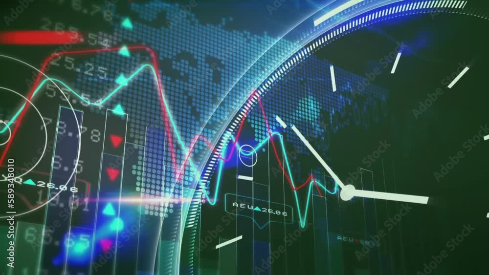 Poster animation of ticking clock over statistical and stock market data processing against world map