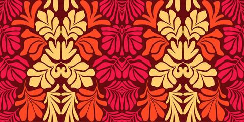 Red yellow abstract background with tropical palm leaves in Matisse style. Vector seamless pattern with Scandinavian cut out elements.