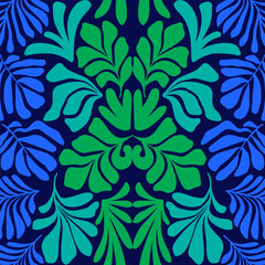 Blue green gradient abstract background with tropical palm leaves in Matisse style. Vector seamless pattern with Scandinavian cut out elements.