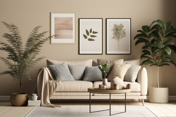 Interior of modern living room with beige walls, sofa and plants, Generative Ai
