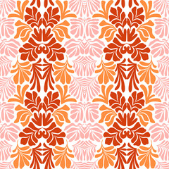 Orange pink abstract background with tropical palm leaves in Matisse style. Vector seamless pattern with Scandinavian cut out elements.