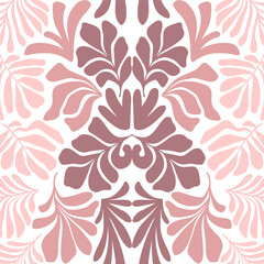 Fototapeta premium Beige brown abstract background with tropical palm leaves in Matisse style. Vector seamless pattern with Scandinavian cut out elements.