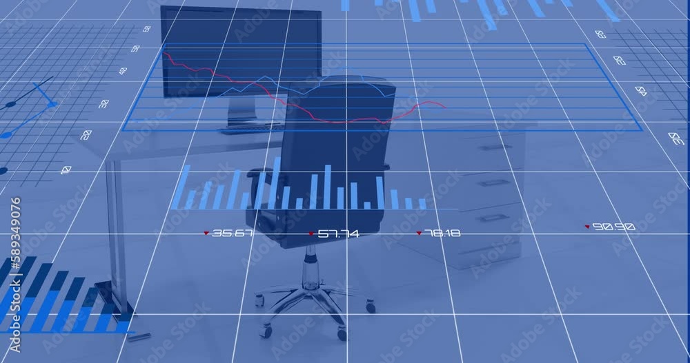 Poster animation of multiple graphs, changing numbers over empty chair and desktop on table in office