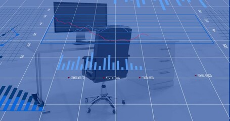 Animation of multiple graphs, changing numbers over empty chair and desktop on table in office - Powered by Adobe