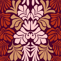 Terracotta pink abstract background with tropical palm leaves in Matisse style. Vector seamless pattern with Scandinavian cut out elements.