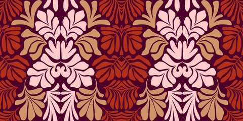 Terracotta pink abstract background with tropical palm leaves in Matisse style. Vector seamless pattern with Scandinavian cut out elements.