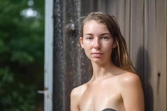 Blondy Girl Take a bath in the backyard garden at noon. generative AI