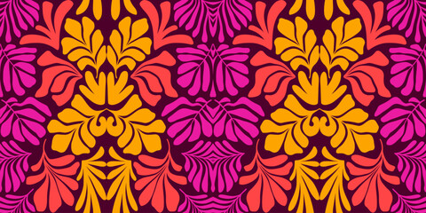 Purple yellow abstract background with tropical palm leaves in Matisse style. Vector seamless pattern with Scandinavian cut out elements.