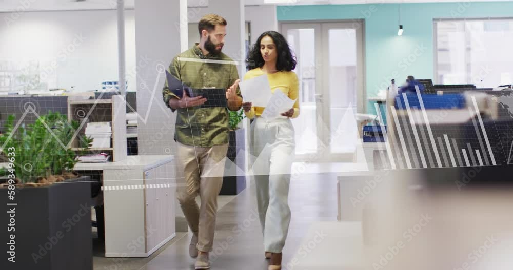Poster animation of multiple graphs, map over diverse coworkers discussing reports while walking in office