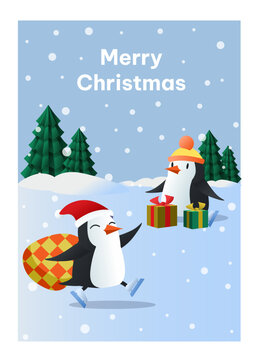 Christmas postcard with penguins. Arctic birds with gifts in santa claus hat. Poster or banner. Culture and traditions, international winter holiday and festival. Cartoon flat vector illustration