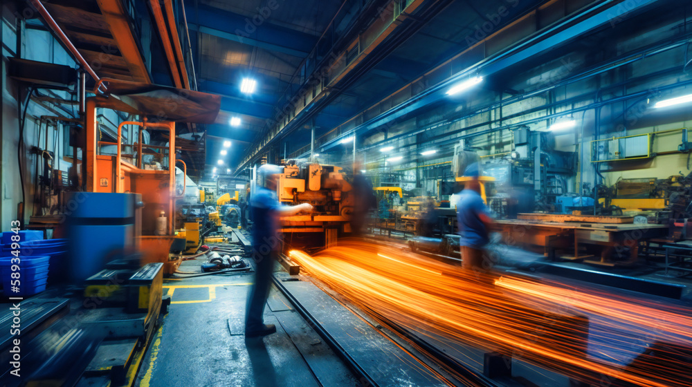 Poster capturing the dynamic movement and energy of a busy factory warehouse