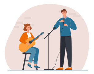 Woman and man singing. Young girl with guitar and guy with microphone perform on stage. Music group, show and perfomance. Singer and guitarist. Cartoon flat vector illustration