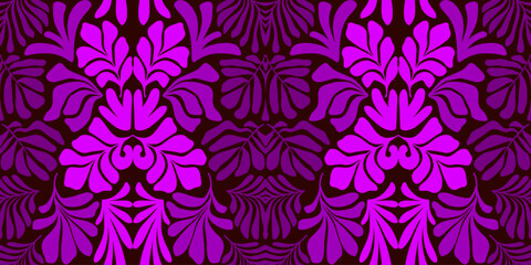 Pink purple abstract background with tropical palm leaves in Matisse style. Vector seamless pattern with Scandinavian cut out elements.