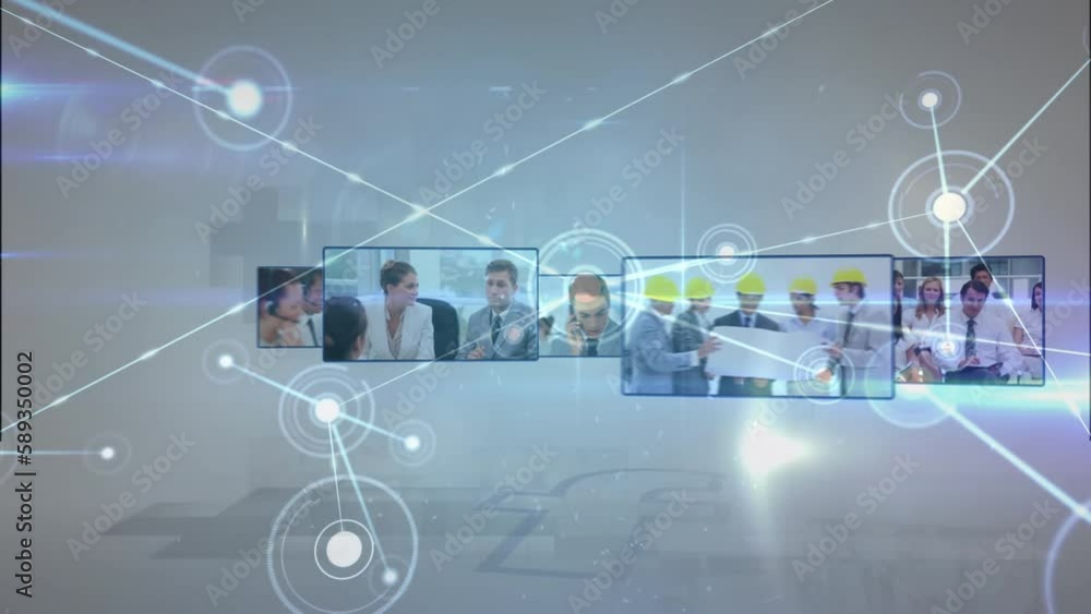 Canvas Prints Animation of connected dots over diverse service agents, engineers and business people in monitors