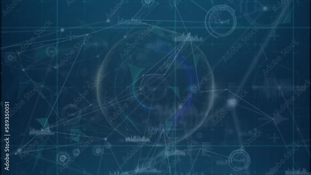 Aufkleber animation of connected dots with graph and soundwave icons against blue background