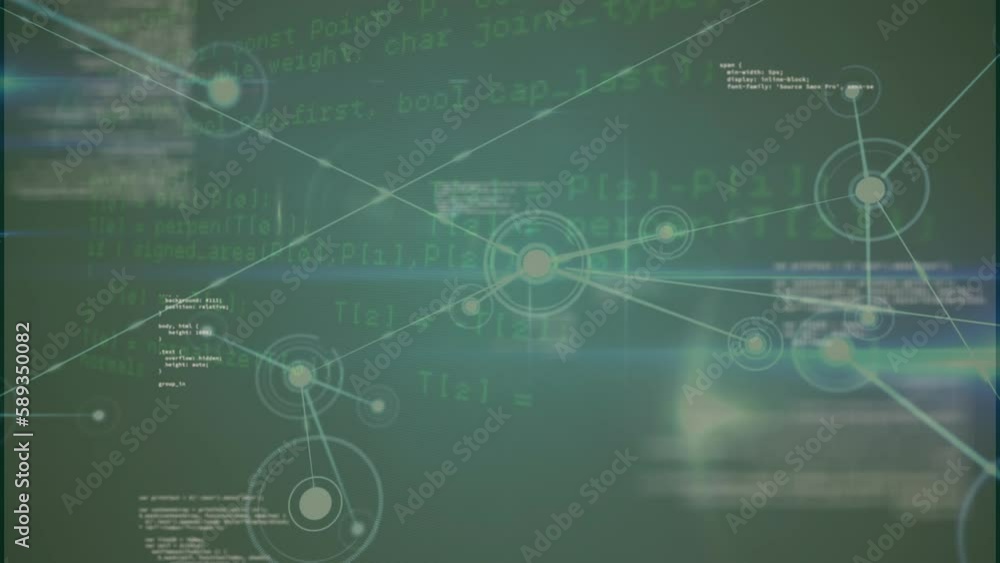 Poster animation of connected dots over computer language against abstract background