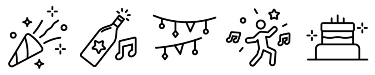 Conjunto de iconos de fiesta. Concepto de celebración y diversión. Cumpleaños, aniversario, bailar, champagne, decoración. Ilustración vectorial