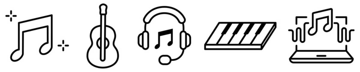 Conjunto de iconos de música. Instrumentos musicales, dispositivos de audio, sonido, melodía y composición. Ilustración vectorial