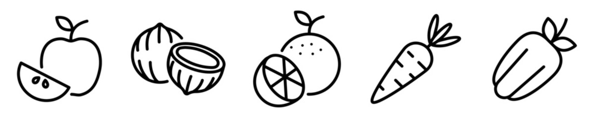 Conjunto de iconos de frutas y vegetales. Concepto de alimentación. Dieta saludable. Ilustración vectorial