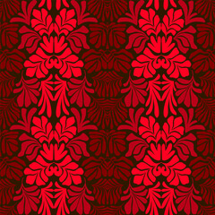 Red abstract background with tropical palm leaves in Matisse style. Vector seamless pattern with Scandinavian cut out elements.