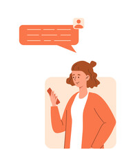 Woman with speech bubble. Young girl with smartphone in hand. Social networks, chat and dialogue. Remote employee participating in video conference or call. Cartoon flat vector illustration
