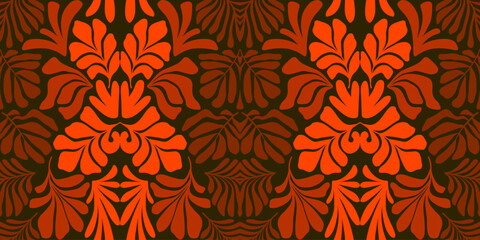 Orange red gradient abstract background with tropical palm leaves in Matisse style. Vector seamless pattern with Scandinavian cut out elements.