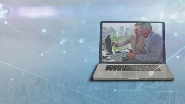 Animation of connected dots over diverse business people in laptop against modern cityscape