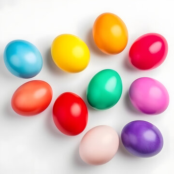 Colorful dyed or painted easter eggs on white background
