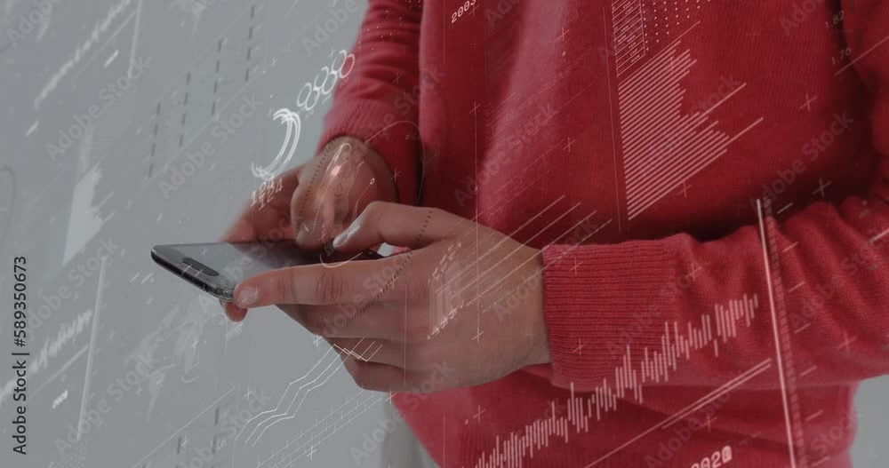 Poster animation of graphs, loading circles, globe, changing numbers, midsection of man typing on cellphone