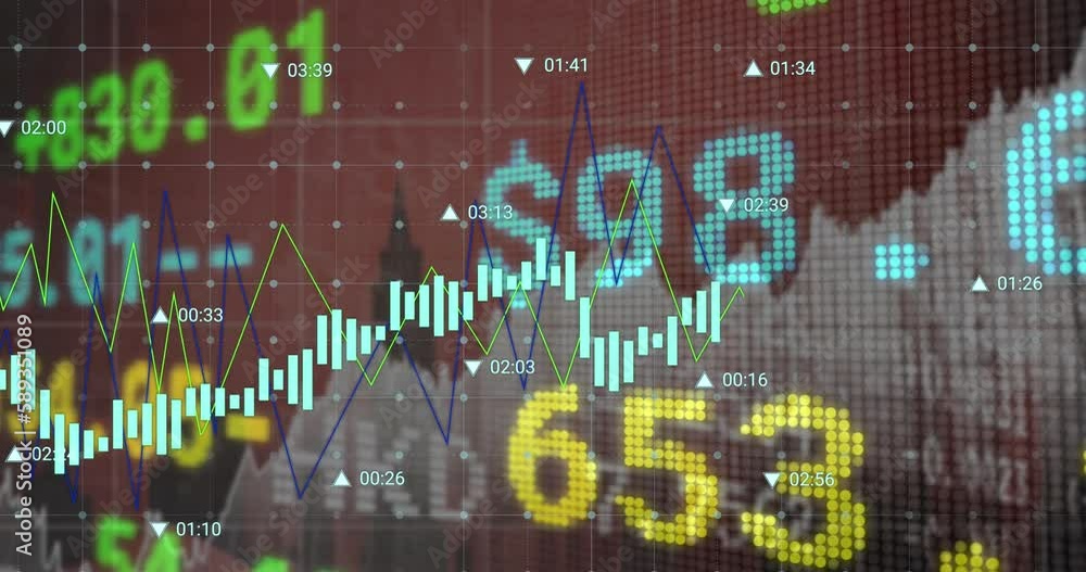 Poster animation of graphs with changing numbers over trading board against abstract background