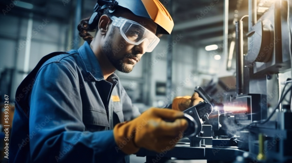 Poster a close-up of a worker using a vr headset to interact with a virtual 3d factory model.