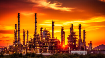 Plakat A low-angle view of a colossal oil refinery plant, with intricate pipelines and distillation columns set against a radiant sunset sky.