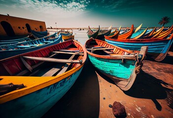 Fototapeta na wymiar Fishing boats in Ngor Dakar, Senegal, called pirogue or piragua or piraga. Colorful boats used by fishermen standing in the bay of Ngor on a sunny day. Generative AI