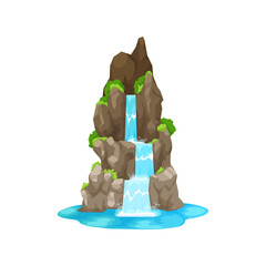 Waterfall cascade, cartoon water fall or mountain river on rock, vector jungle forest. Waterfall cascade landscape with water splash of river stream from stone hill or lake on tropical island