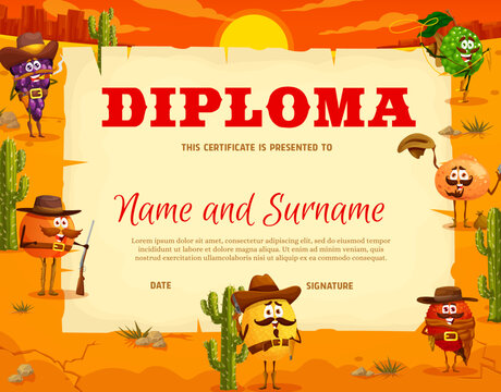 Western kids diploma, cartoon cowboy, sheriff, ranger and bandit fruit characters in desert, vector certificate award. School or kindergarten diploma award with funny orange cowboy and grape sheriff