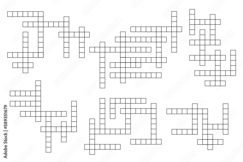 Poster crossword game grid templates, word guess quiz layout, vector empty boxes background. crossword game