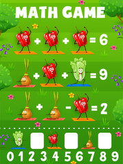 Math game worksheet, cartoon cheerful vegetable characters on fitness, vector kids quiz. Cabbage, pepper and onion on sport activity, mathematics education puzzle game for number count and calculation