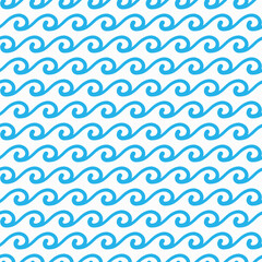 Blue ocean and sea waves seamless pattern. Vector repeating marine tile backdrop, abstract background with simple nautical ornament, curly water splashes for fabric, textile, wrapping paper design