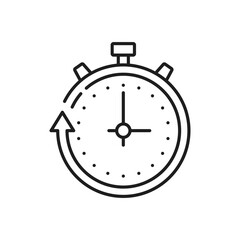 Stopwatch dial interface, timer clock, simple time related vector outline icon. Speed, alarm restore, time-management, time measurement instrument.