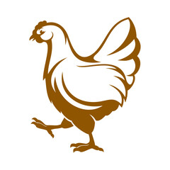 Hen icon, chicken farm and poultry production industry isolated vector emblem. Fowl, farmer eggs, organic meat products monochrome simple label with chicken brown silhouette, domestic bird symbol