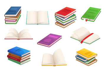 Cartoon books, textbooks and bestsellers, opened books in stacks. Library isolated vector literature books or school education, opened textbooks with bookmark and closed in pile stacks