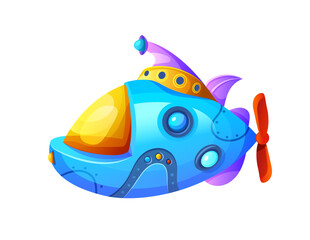 Submarine or cartoon bathyscaphe with periscope, vector underwater boat or funny sea ship. Sub marine boat or bathyscaphe with portholes, toy or game asset submarine in cartoon undersea adventure